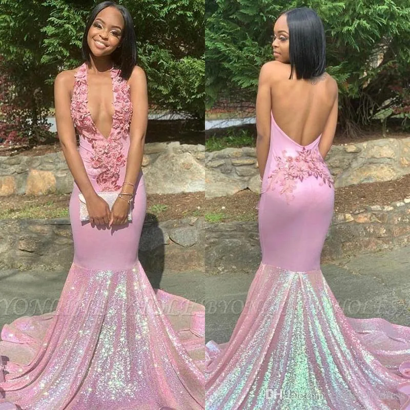 2022 Pink Shiny Sexy Backless Prom Dresses Deep V neck Mermaid Sequined 3D Lace Applique Evening Gowns BES121