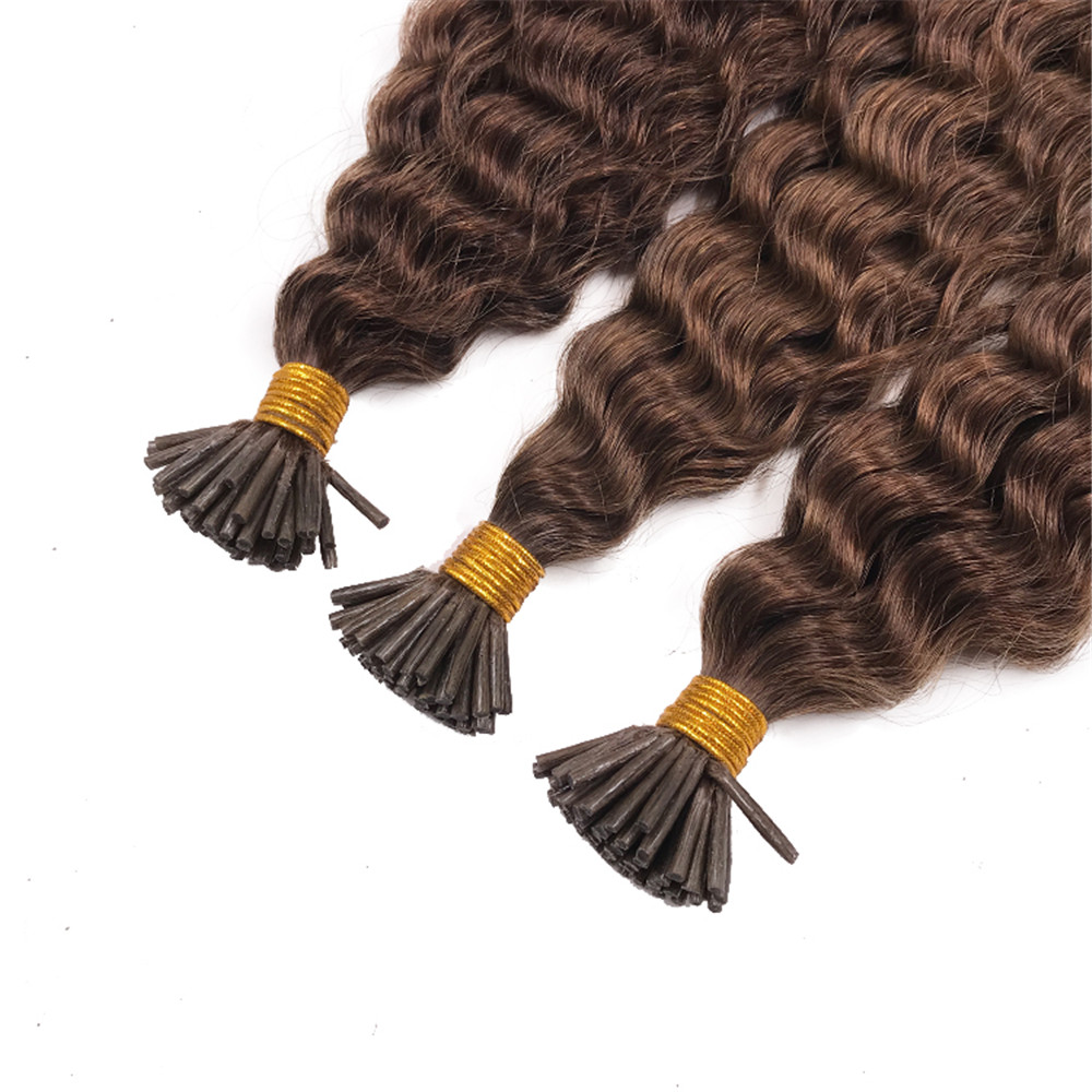 Extension de cheveux bouclés brun foncé I Tip Remy Kinky Curly Microlinks Extensions de cheveux Itip pré-collées 100g