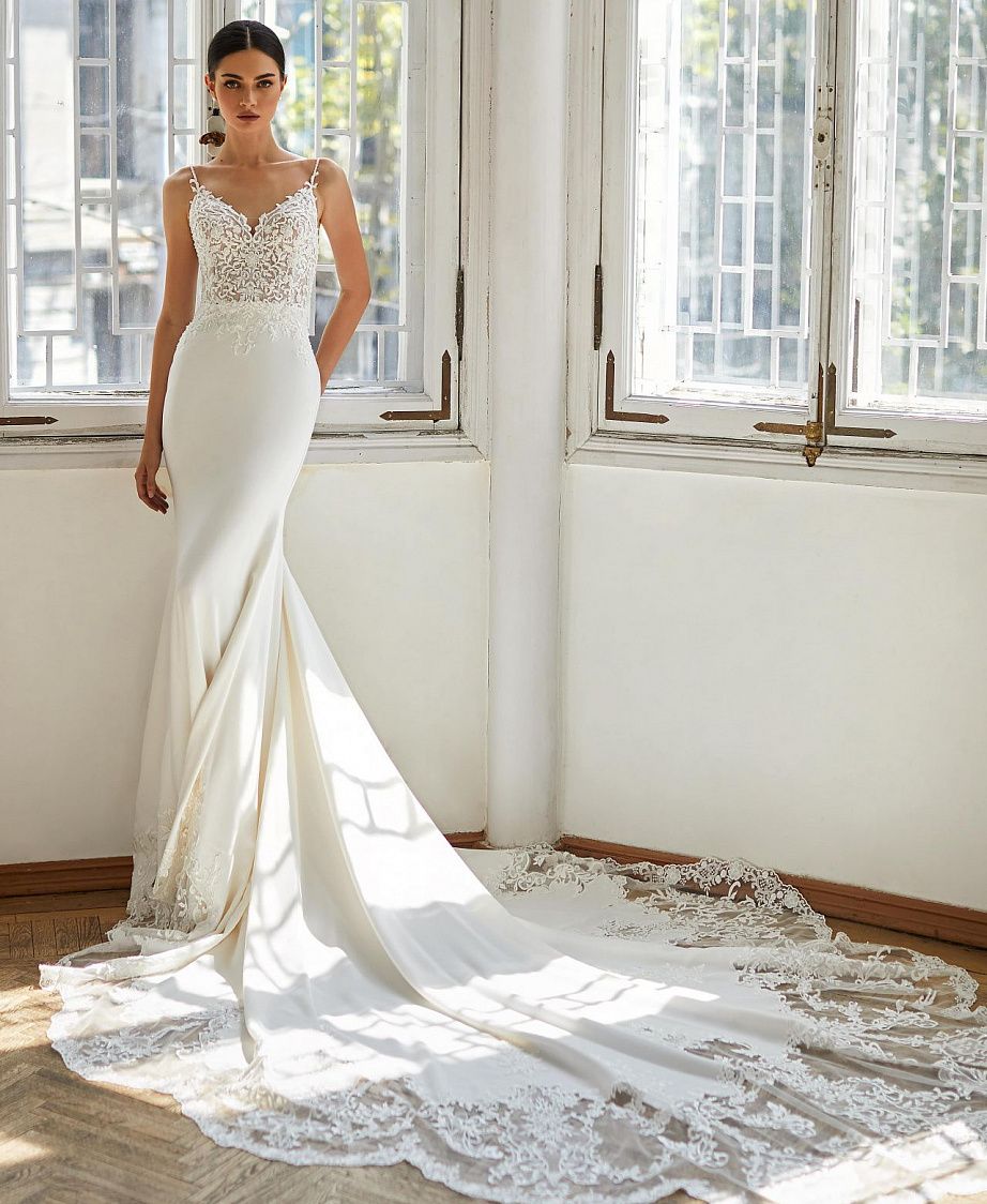 Schicke, schmale Meerjungfrau-Hochzeitskleider mit gewellter Spitze und Rand, ärmellos, Spaghettiträger, elegante Brautkleider, Satin, Sommer, Strand, Boho, C317v