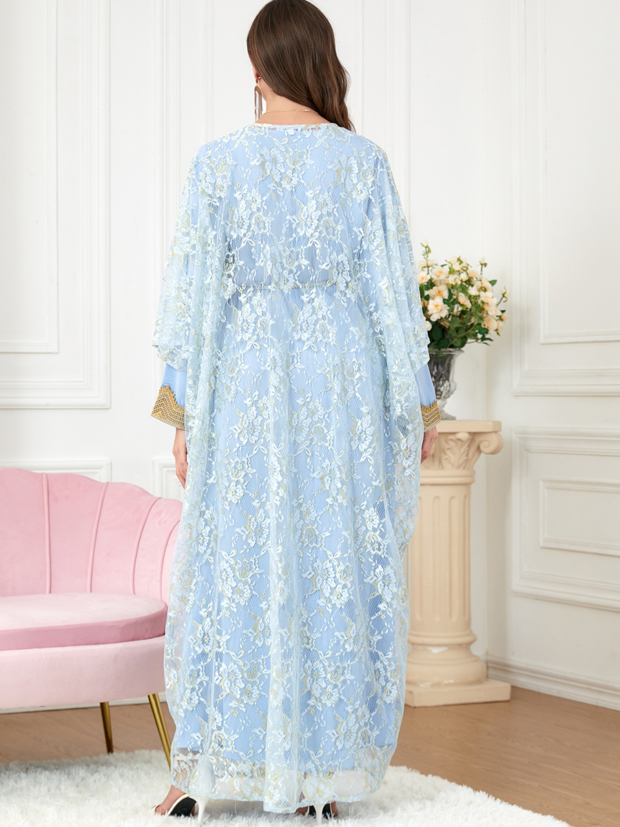 QNPQYX Nouveau 2 Pièces Ensemble De Luxe Dubaï Robe Musulman Abaya Femmes Arabe Robe Ethnique Dentelle Robes D'été Mode Kaftans Plus La Taille Jilbab Islam