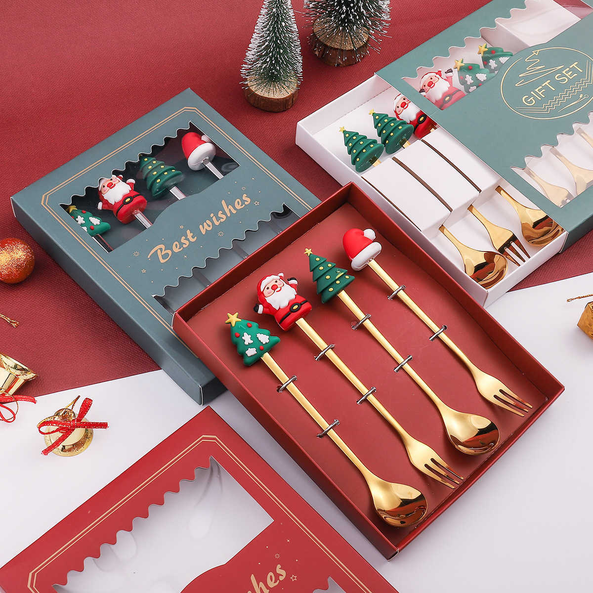 Nowy /zestaw świątecznych łyżki na zastawie stołowe z pudełkiem prezentowym Santa Hat Xmas Tree Spoon Fork Cutlery Set Dekoracja przyjęcia