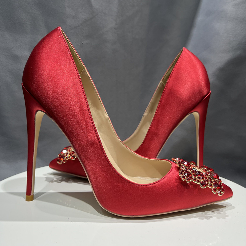 Rouge soie cristal boucles femmes pompes extrême haut talon bout pointu sans lacet pompes élégantes dames chaussures de fête