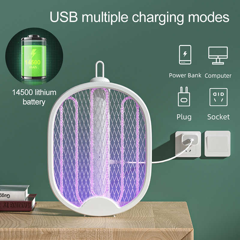 Antiparasitaire 4 en 1 électrique tueur de moustiques tapette à mouche USB rechargeable piège moustique raquette tueur d'insectes lumière UV 3000V chambre Bug ZapperHKD230626