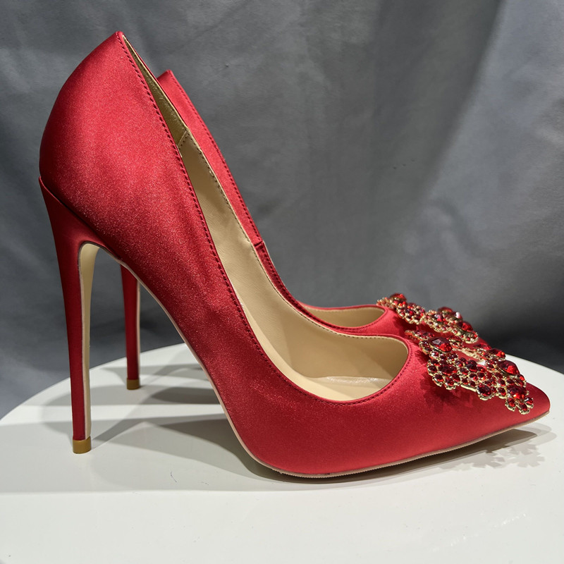 Rouge soie cristal boucles femmes pompes extrême haut talon bout pointu sans lacet pompes élégantes dames chaussures de fête