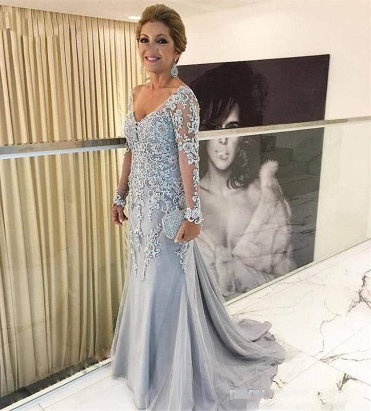 2023 mère de la mariée robes col en V pure manches longues sirène dentelle appliques perles de cristal argent balayage train longue grande taille robes de soirée