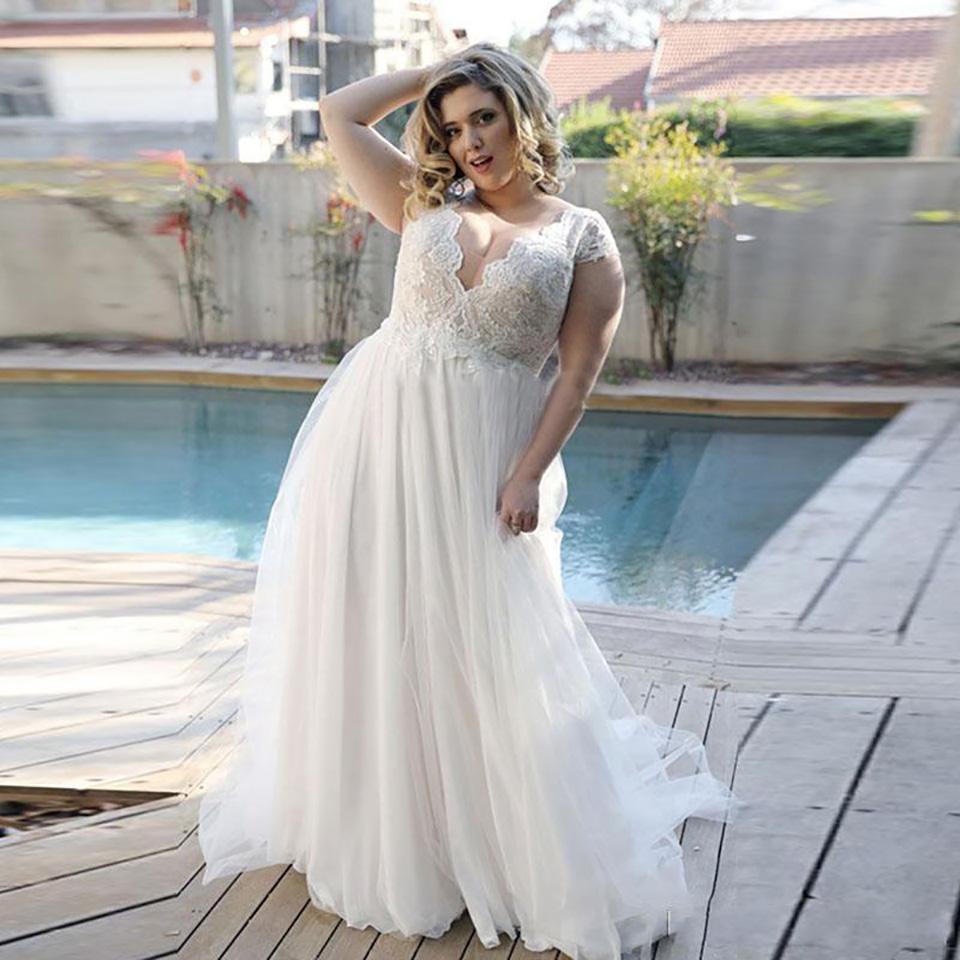 Sexy V Neck Plus Size Wedding Dresses Lace Capped Sleeves Vestidos De Novia A Line Tulle Wedding Bride Formal Gowns