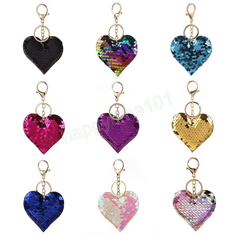 Shiny Sequins Keychain Cute Heart-shaped Key Rings Holder Purses Bags Cars Keys Pendants Accessories Party Gifts For Women Girls
