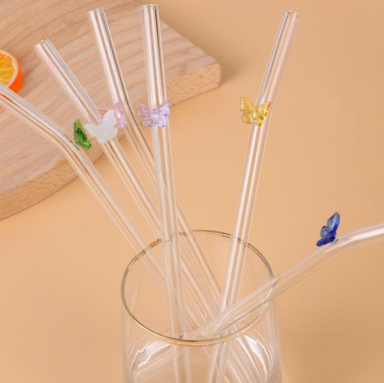 Herbruikbare Borosilicaat Vlinder Paddestoel Glas Rietjes Hoge temperatuur weerstand Helder Gebogen Rechte Melk Cocktail Stro SN4401