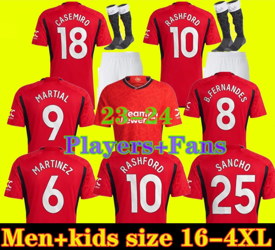 

size 16-4xl 23 24 antony casemiro martinez eriksen soccer jerseys rashford 2023 2024 sancho b. fernandes fred manchesters mans utds football, White;black