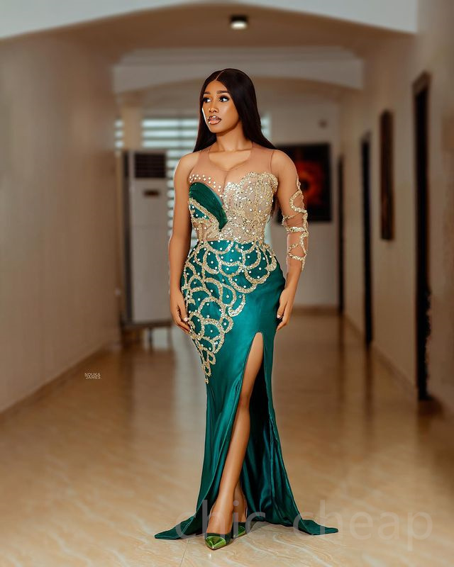 2023 Aso Ebi Mermaid Hunter Green Prom Dress Lace Beaded Evening Formal Party Second Reception Birthday Bridesmaid Engagement Gowns Dresses Robe De Soiree ZJ641