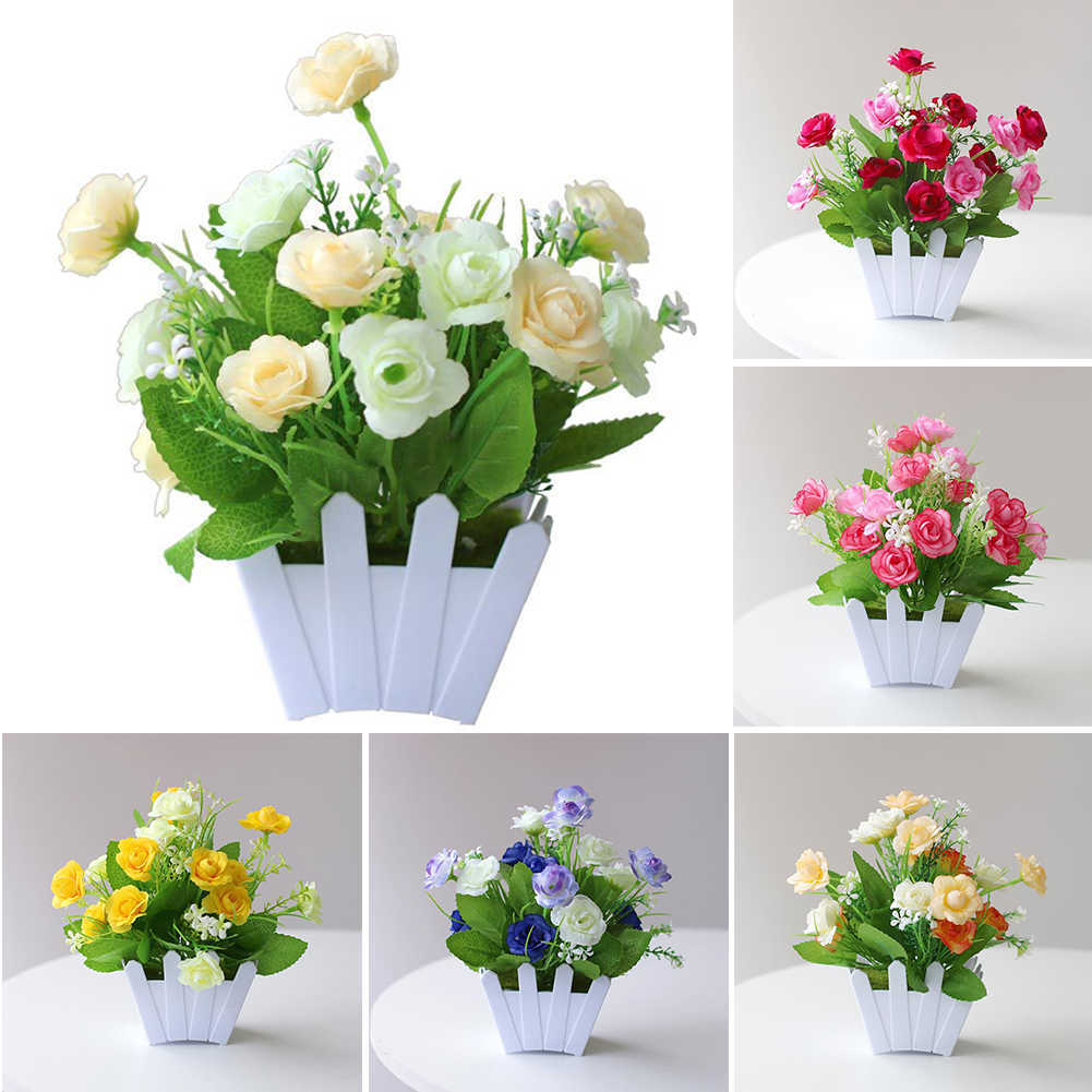 Mini Künstliche Blumen Pflanzen Bonsai Gefälschte Blumen Topf Ornamente Hause Esstisch Hochzeit Topf Dekor Rose Zaun Blumen Set