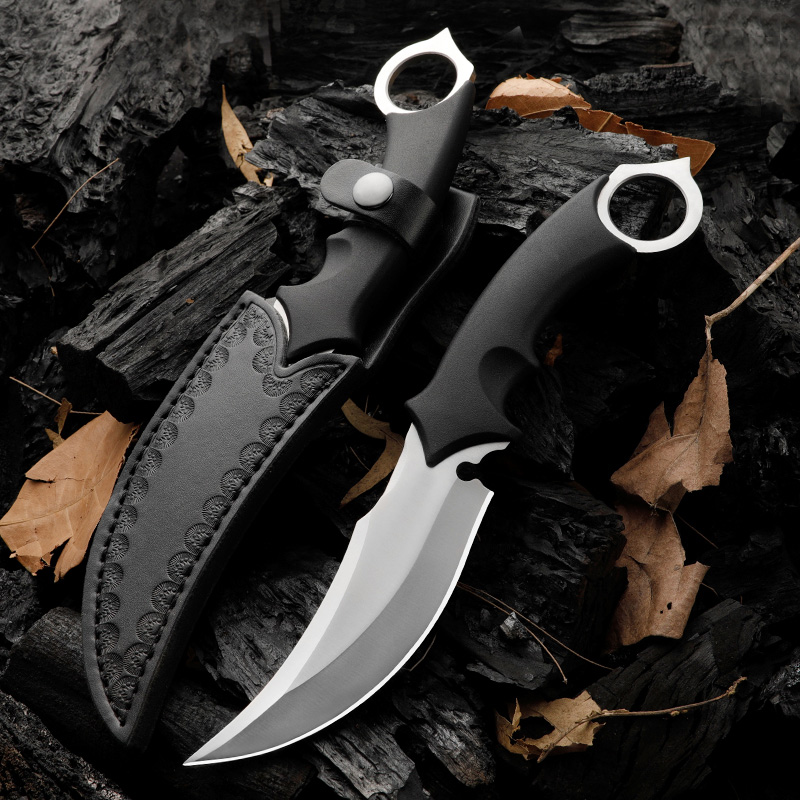 R7272 Fixed Blade Crescent Tactical Knife 9Cr18Mov Satin Blade Full Tang Klaton Handle Outdoor Survival Straight Knives with Leather Sheath