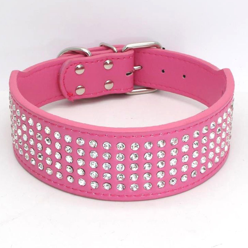 Rhinestone Leather Dog Collars Bling Diamante Crystal Studded Dogs Pet Collars 2inch Wide for Medium & Large Dogs Pitbull Boxer