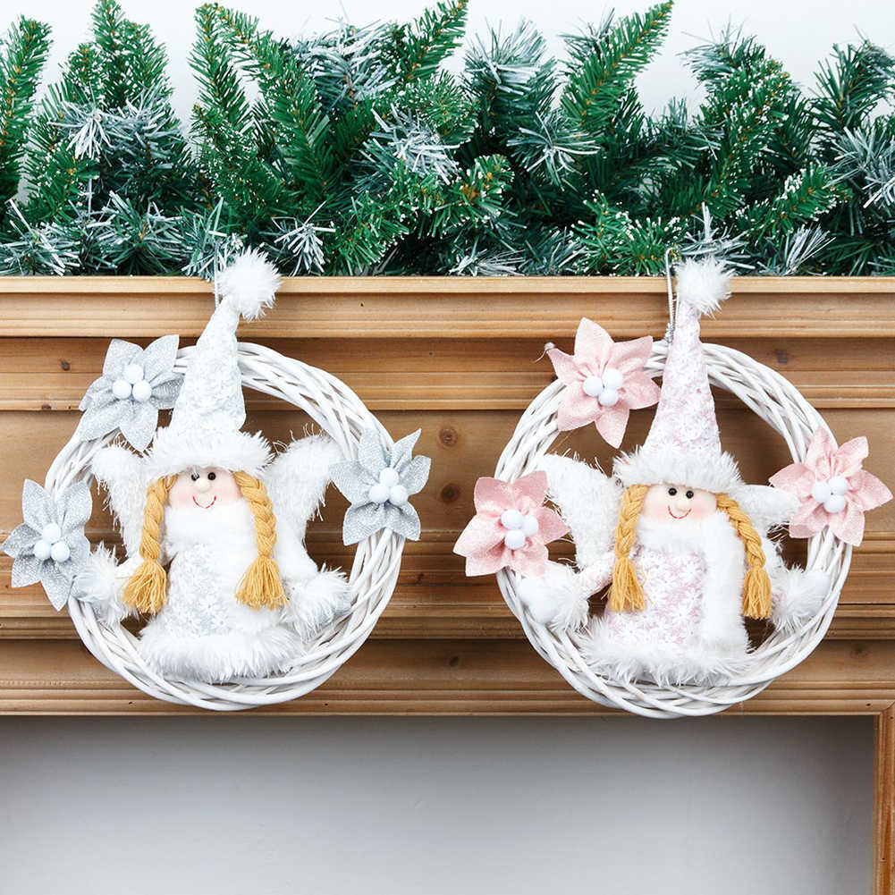 Noël blanc ange couronne rose poupée rotin couronne porte suspendus noël ange en peluche poupée pendentif arbre de noël suspendus ornements