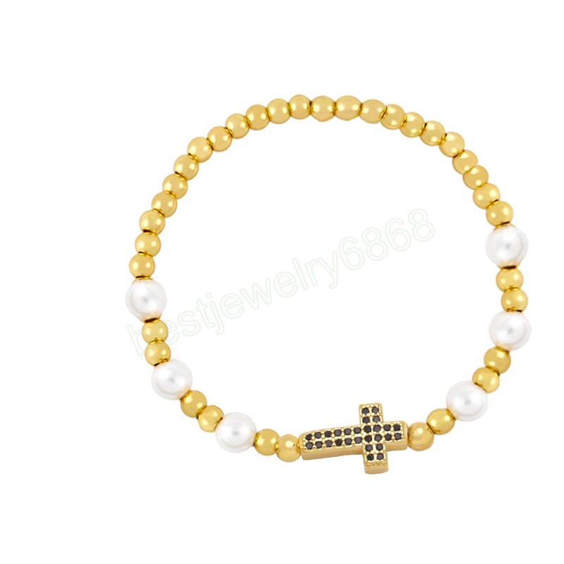 Pulsera clásica con abalorio de cruz chapada en oro de 18 quilates, cadena de cuentas de cobre redondas, pulsera elástica, brazalete para mujer, regalo de joyería de fiesta de la suerte