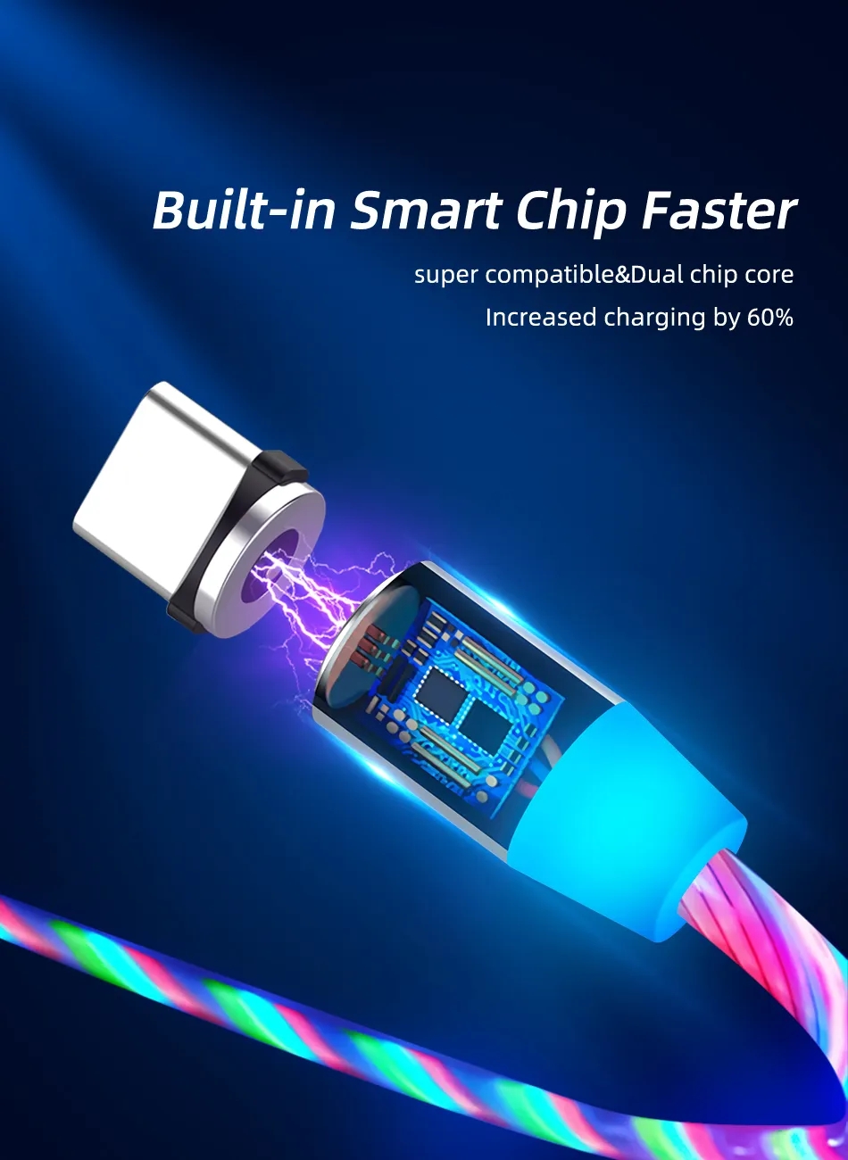 3,3 фута / 6 футов 3A Светодиодные светящиеся магнитные кабели для зарядного устройства Micro type c кабель Samsung Android Luminous Magnet Charging Wire с мешком OPP