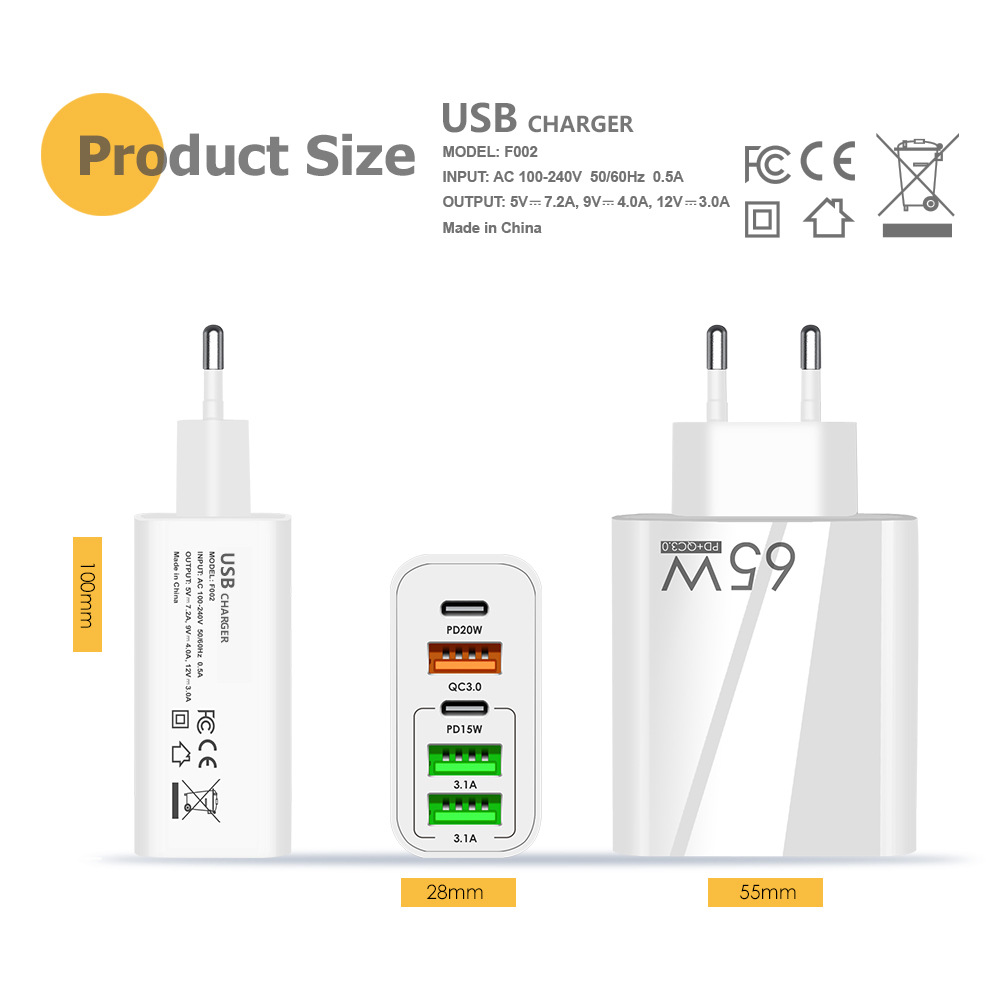 Quick Charge 3.0 65W PD USB Type C Charger 5 Port Phone Charger Adapter For Samsung Xiaomi Huawei