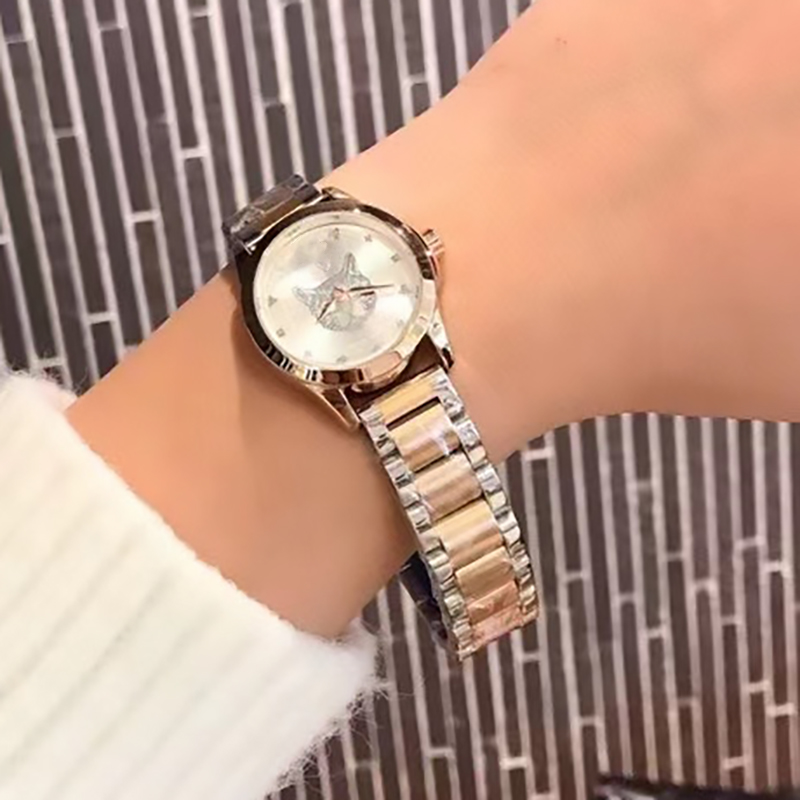 ファッションフルブランド腕時計女性レディース猫orologio スタイル高級ロゴスチールメタルバンドクォーツ時計 G 136