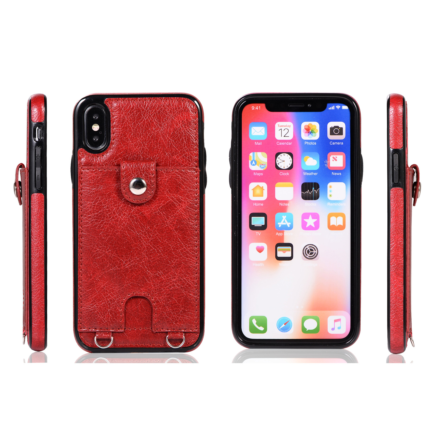 Lämplig för iPhone12Pro Mobiltelefon läderfodral fast färg 13 kort Apple 15Promax Oblique Lanyard Protective Case