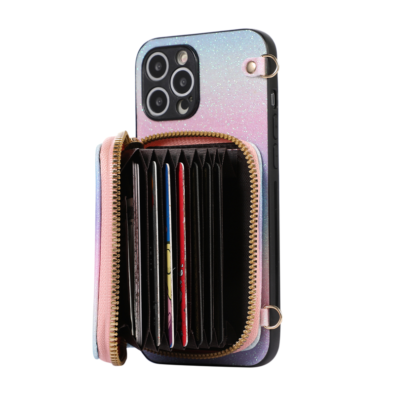 Lanyard Sparkle Zipper Vogue Phone Case pour iPhone 14 13 12 11 Pro Max Samsung Galaxy S23 S22 S21 Ultra A13 5G A14 A23 A24 A53 A54 A73 Portefeuille en Cuir Brillant Chaîne Couverture Arrière