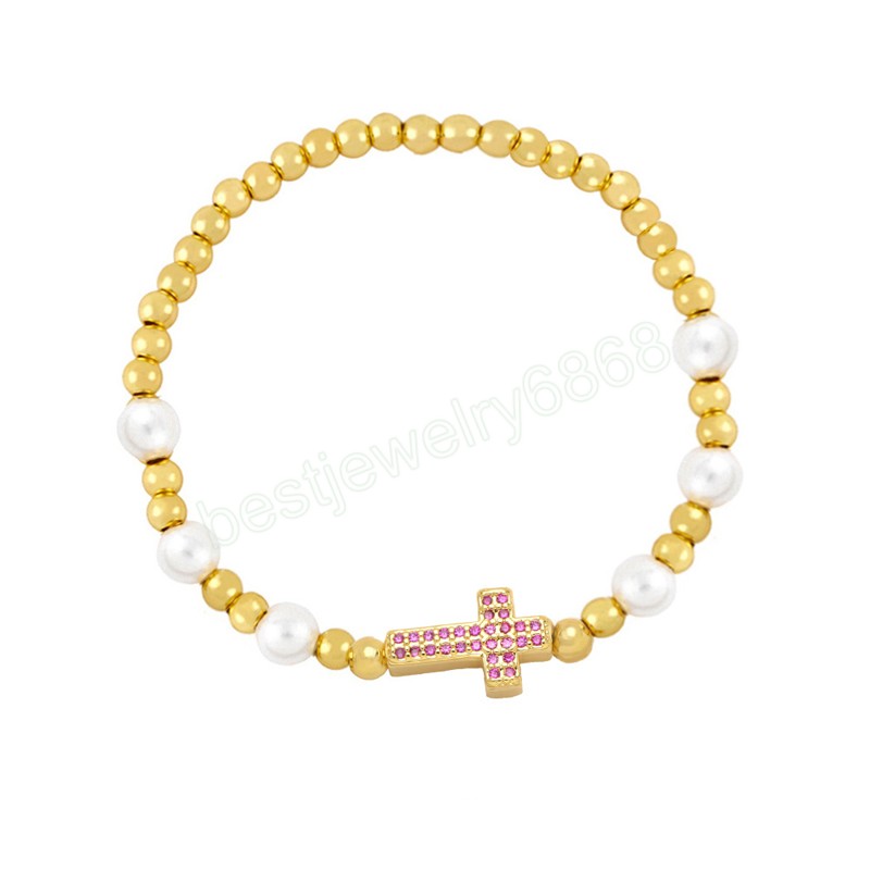 Pulsera clásica con abalorio de cruz chapada en oro de 18 quilates, cadena de cuentas de cobre redondas, pulsera elástica, brazalete para mujer, regalo de joyería de fiesta de la suerte