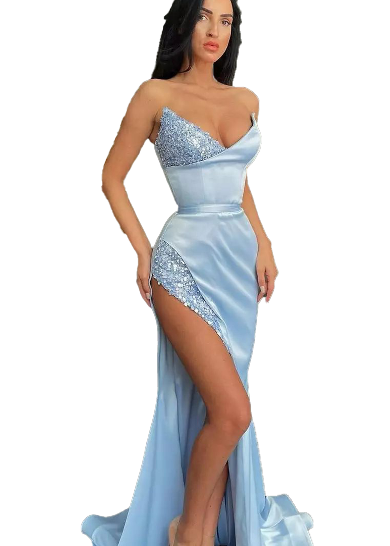 Grande taille bleu ciel clair sirène robes de bal longues pour les femmes chérie paillettes drapé satin côté fendu occasions formelles robe de reconstitution historique robe de soirée robe d'anniversaire