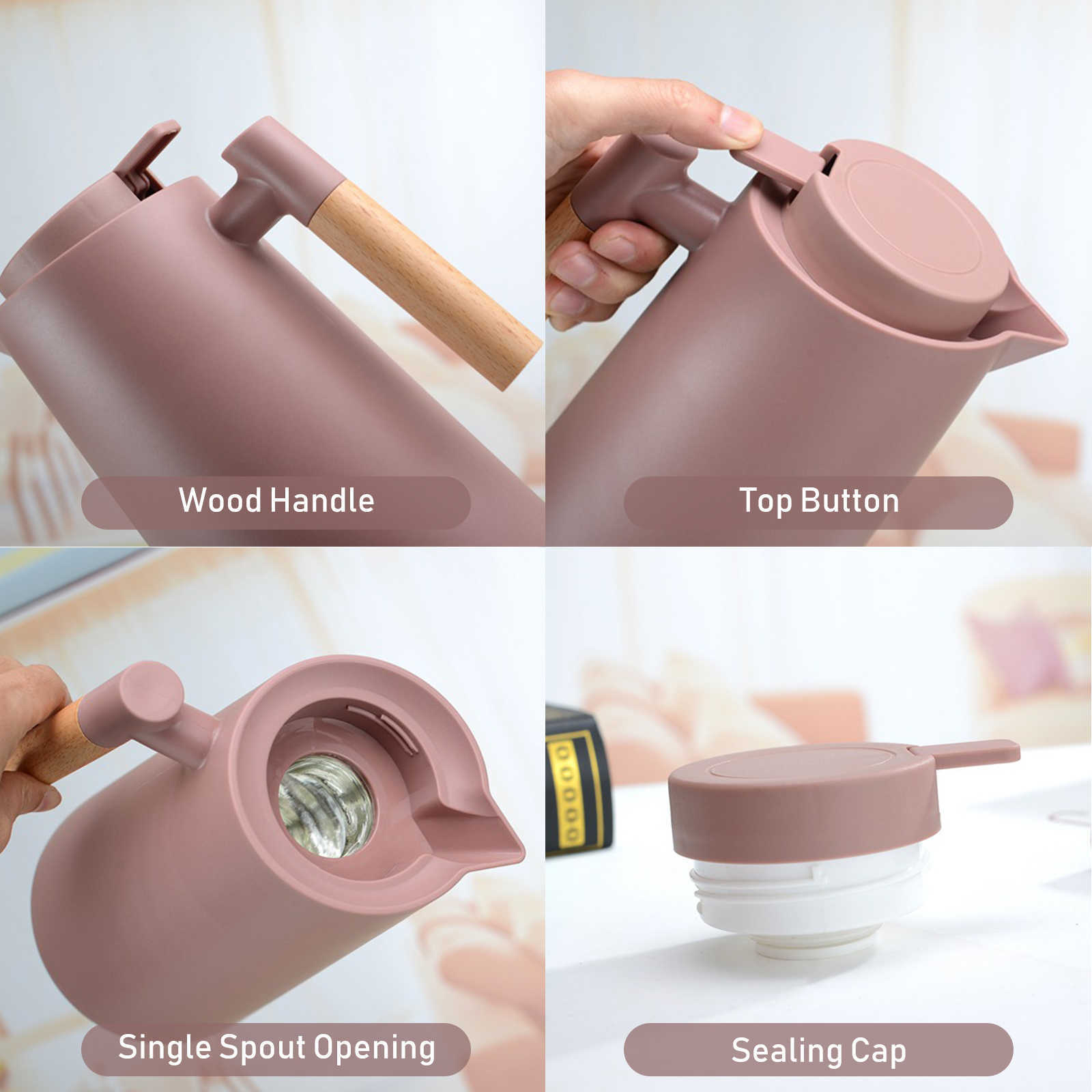 1000ml Thermal Coffee Carafe Double Walled Vacuum Hot Cold Water Thermos Pot With Wood Handle Kettle Insulated Flask Tea Bottle L230620