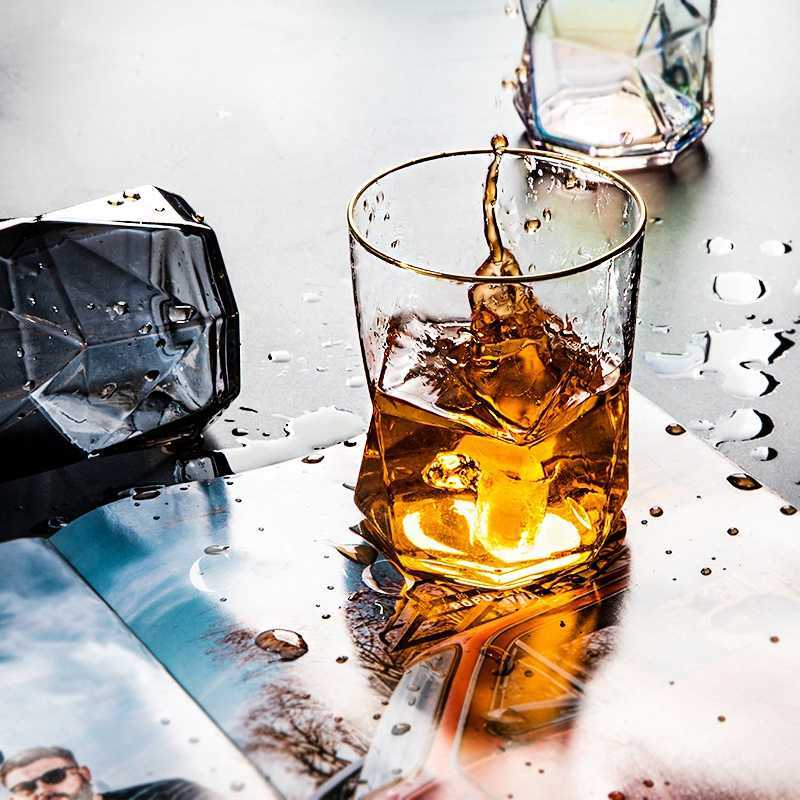 Luxe Nordique Géométrique Coupe Maison Whisky Rhum Verres À Eau Côté Doré Jus Coloré Verre À Vin Transparent Paille Cristal Tasses L230620