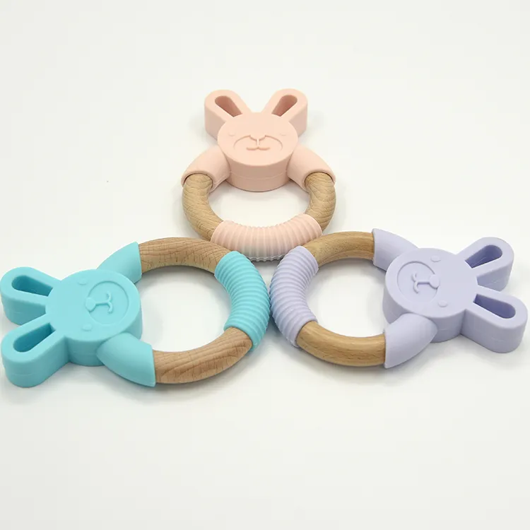 Bunny Silicone and Wood Teether Ring Natural Organic Beech Wood Teething Ring Soft Bunny Rabbit Chew Toys Baby Infant Gifts