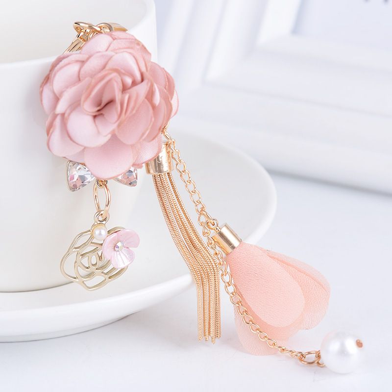 Cloth Rose Flower Key Ring Chiffon Tassel Car Fashion Charm Key Chains Lady Couple Bag Keychain Party Gift