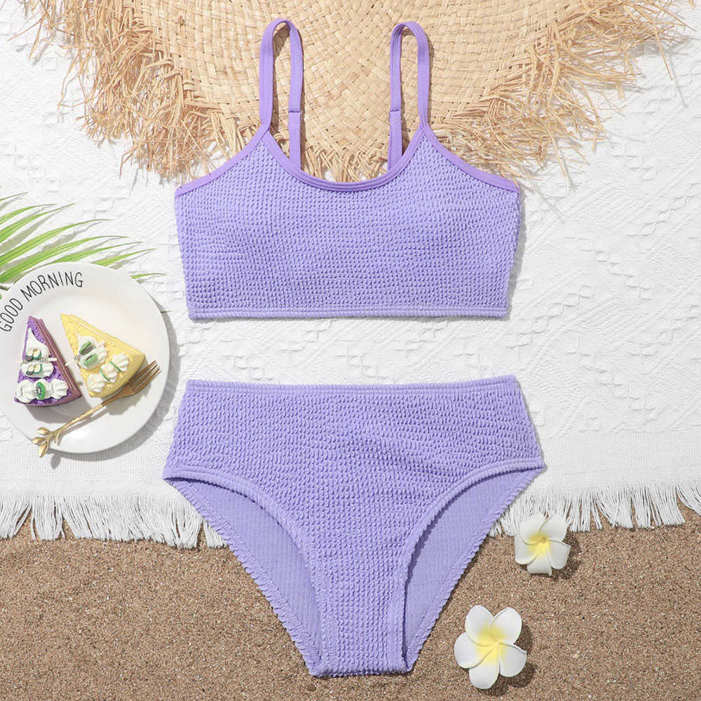 Swim Wear Plain Ribbed Girl Swimsuit Kids Two Piece Children's Swimewear 7-14 år Tonåring Bikini Set Sport Bathing Summer Beachwear HKD230628