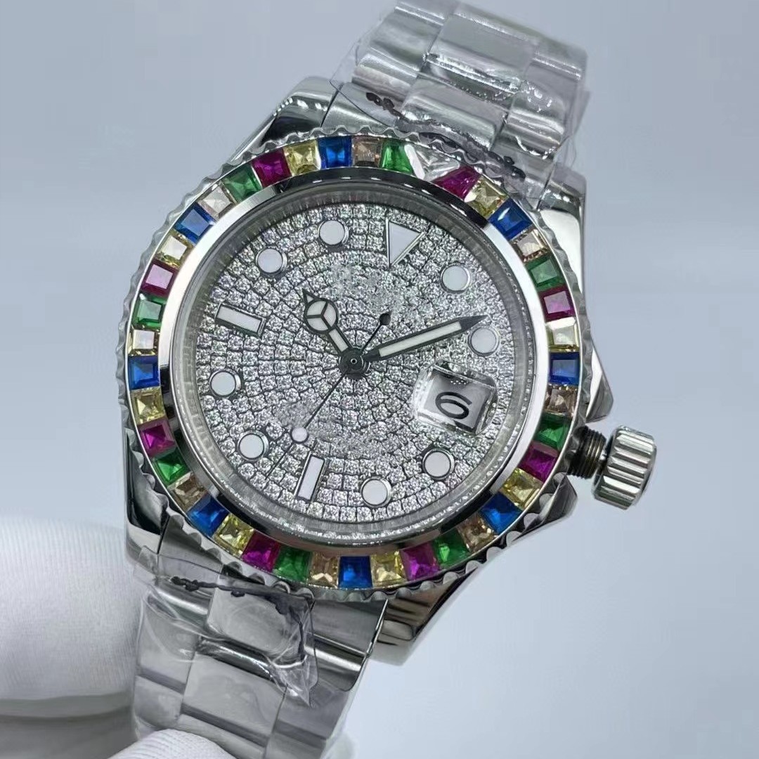 Relógios masculinos de alta qualidade, designer de luxo, relógio mecânico automático, conjunto de diamantes coloridos, pulseira de aço inoxidável de 41 mm, safira à prova d'água, relógio masculino de negócios