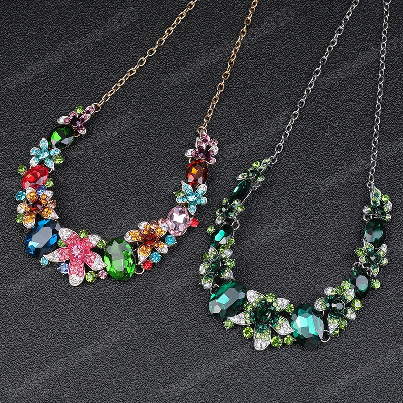 Colorful Crystal Flower Bridal Jewelry Sets for Women Choker Necklace Stud Earrings Set Wedding Bride Costume Jewelry Set