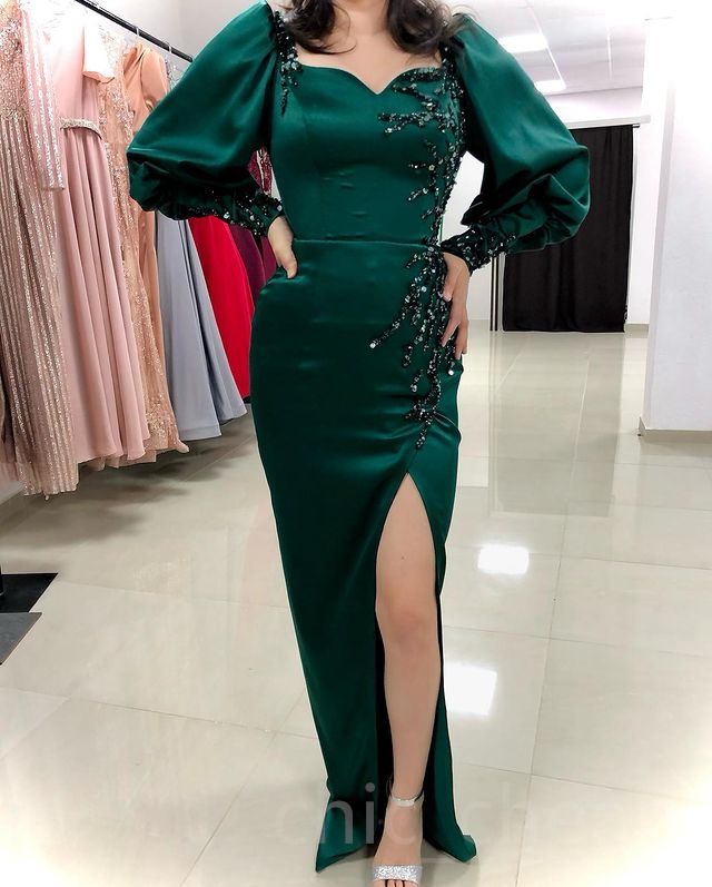 2023 Aso Ebi Dark Green Sheath Prom Dress Beaded Satin Evening Formal Party Second Reception Birthday Bridesmaid Engagement Gowns Dresses Robe De Soiree ZJ668