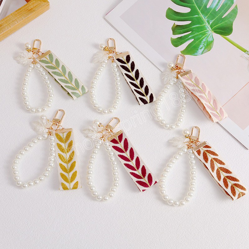 Creative Leaf Ribbon Pearl Armband Keychain Cute Pendant Wristlet Strap For Women Girls Bags Keys Plånböcker Telefonhållare Keyrings