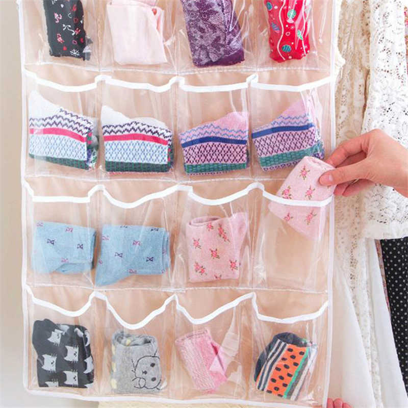 2024 16 Pockets Clear Hanging Bag Socks Tie Bra Underwear Rack Hanger Storage Organizer Foldable Wardrobe Wall Door Back Hanging Bags