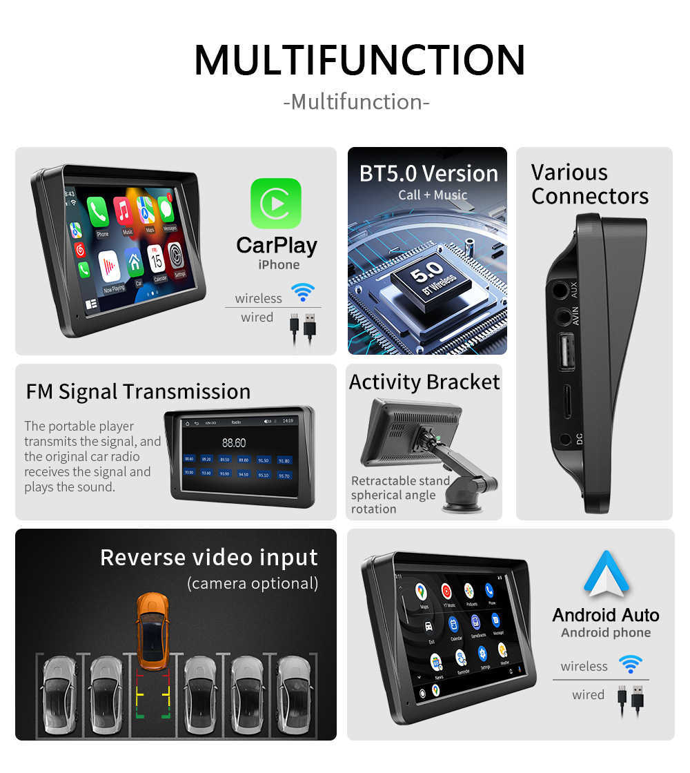 s Tragbarer Automonitor 7 Zoll Wireless Carplay Android-Auto Bluetooth FM Sender USB TF MP5 Multimedia Player L230619