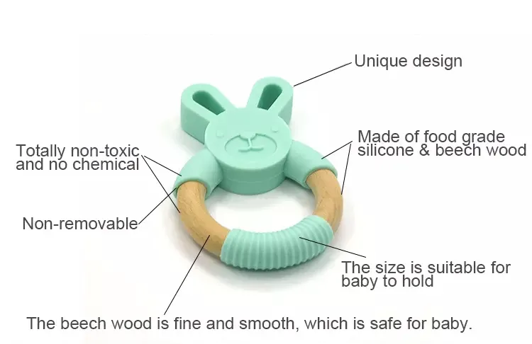 Bunny Silicone and Wood Teether Ring Natural Organic Beech Wood Teething Ring Soft Bunny Rabbit Chew Toys Baby Infant Gifts