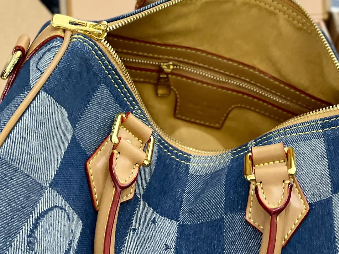 Jeans blå aldrig handväskor läder axelväska denim onthego väskor topphandtag totes med avtagbar rem crossbody kontrollerade handväskor mini fickväska