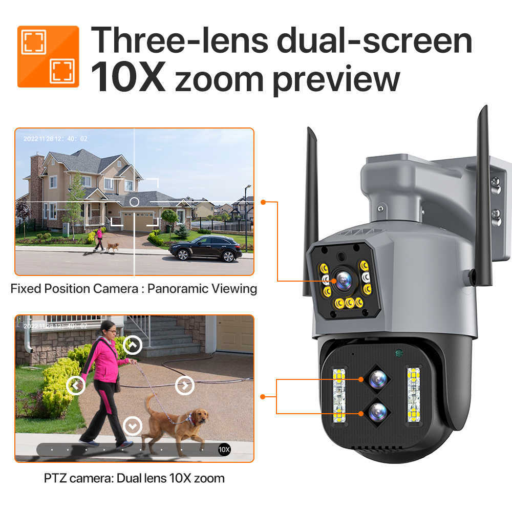 Caméra WIFI binoculaire 4K 8MP extérieure Zoom 10X 2.8-12mm Caméra PTZ de sécurité à trois objectifs Suivi automatique P2P CCTV Surveillance vidéo L230619