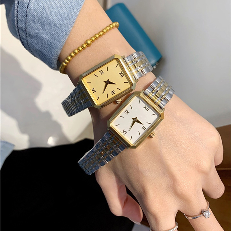 Moda completa marca relógio de pulso feminino senhoras estilo retângulo luxo com aço metal banda relógio quartzo d47