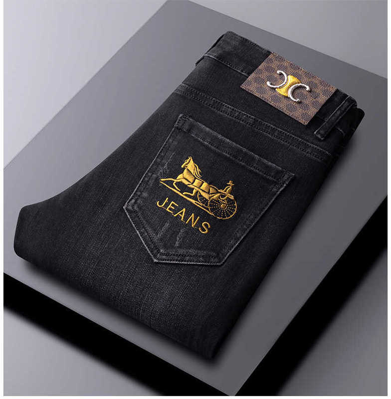 Mäns jeans designer europeiska broderade jeans mäns svarta höst och vinter tjocka smala smala fitt byxor high-end elastiska live 2lz1