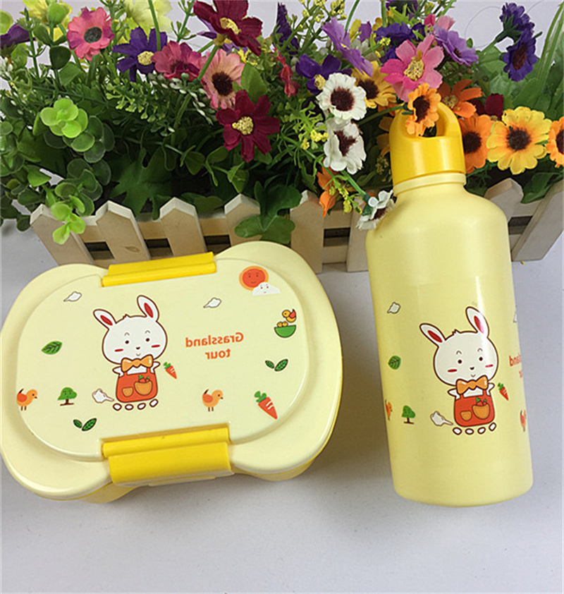 어린이를위한 물병 세트가있는 도시락 플라스틱 도시락 상자 세트 유아용 만화 어린이 병 유치원 보육 BPA 무료