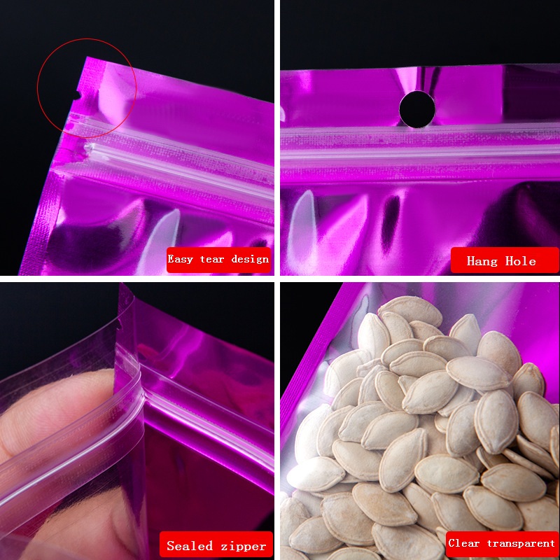1000st/parti lila återförslutningsbart luktbeständigt platt ziplock aluminium folie påse klara framhål förpackningspåse för matlagring
