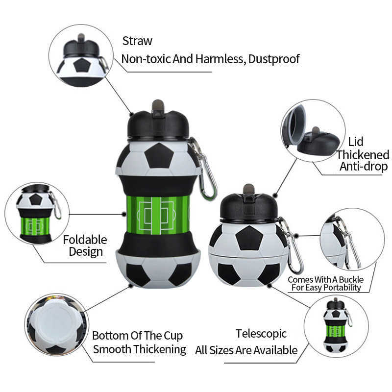 550ml折りたたみ式サッカーキッズウォーターボトルポータブルスポーツウォーターボトルサッカーサッカーボール型ウォーターボトルシリコンカップL230620