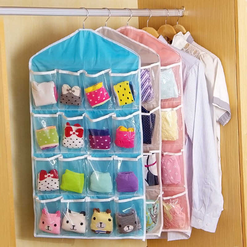 2024 16 Pockets Clear Hanging Bag Socks Tie Bra Underwear Rack Hanger Storage Organizer Foldable Wardrobe Wall Door Back Hanging Bags