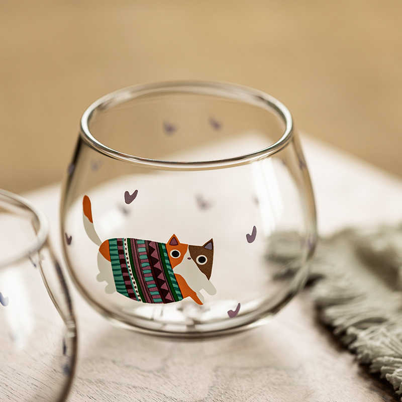 450ml Cat Tumbler Glass Breakfast Milk Coffee Cup Office Heat Resistant Drinking Water Glass Party Beer Cup Wine Glasses L230620