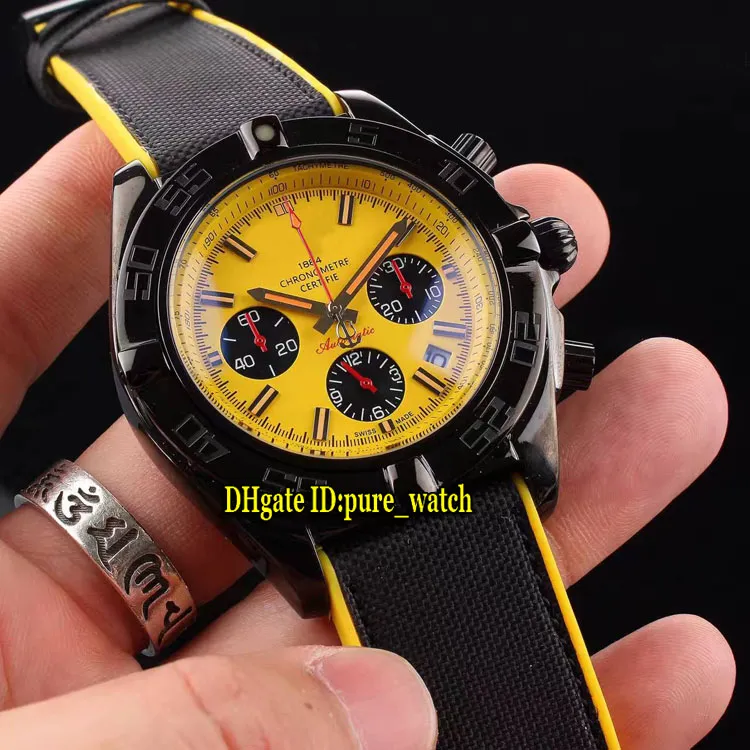 New 44mm PVD Black MB0111C3 Yellow Dial Quartz Chronograph Mens Watch Nylon Rubber Strap High Quality Gents Sport Watches3009