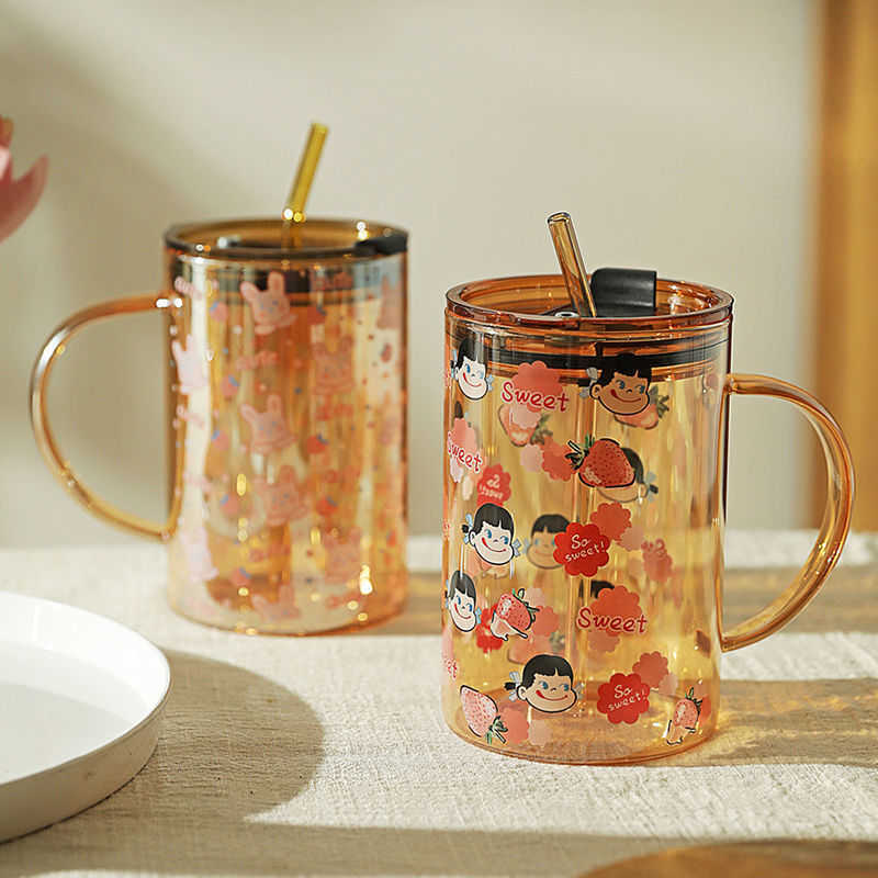 900 ml Kawaii Erdbeere Glas Wasserflasche Große Kapazität Tasse Becher Tumbler Tragbare mit Deckel Stroh Trinkgeschirr Milch Tee Glas Tasse L230620