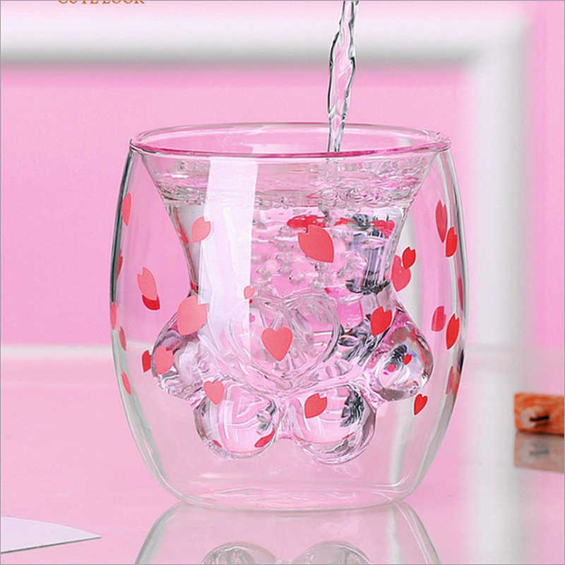 Coupe Griffe de Chat Rose Sakura Édition Limitée Violet Sakura Chat Scratch Mignon Double Verre Transparent Anti-brûlure Tasse à Eau L230620